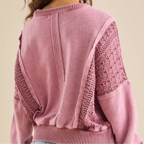 ALTAR’D STATE M Jenna Ash Rose Pink Stone Washed Crochet Pieced Crewneck Top - Picture 6 of 16